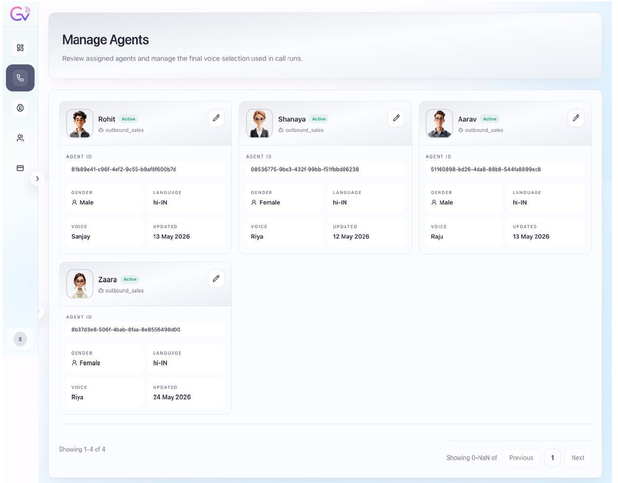 goVaani manage agents view